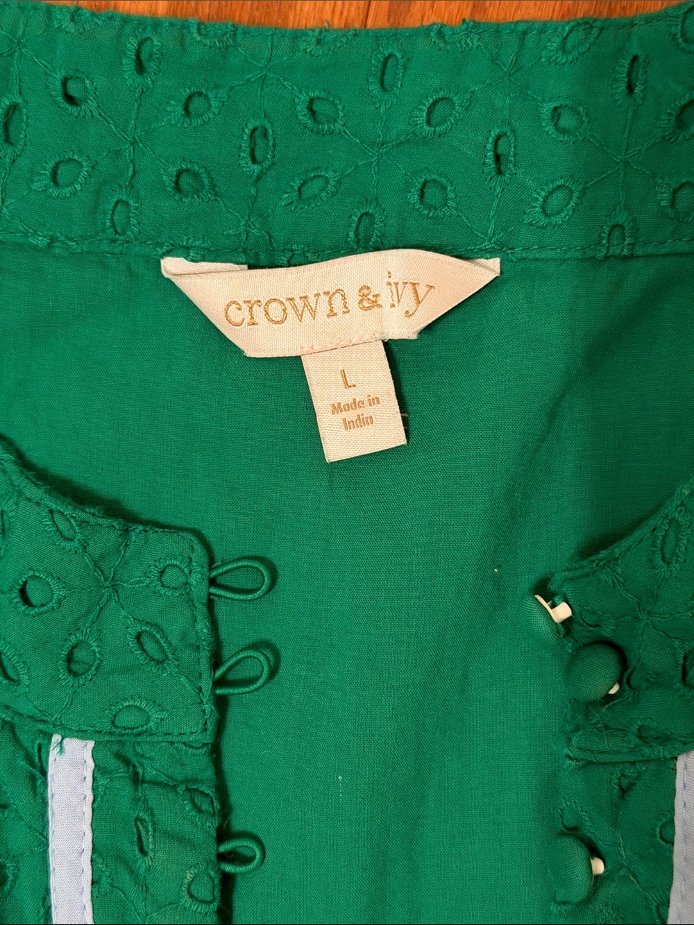TULANE Sleeveless Green Eyelet Fit-and-Flare Dress with Light Blue Trim L - Picture 3 of 5